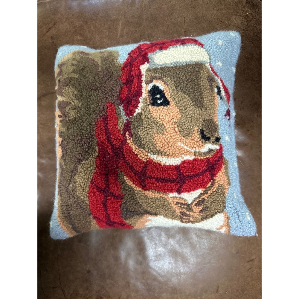 Hand Hooked Wool Squirrel Christmas Pillow‎ 15x15 Down Insert Red Scarf Hat